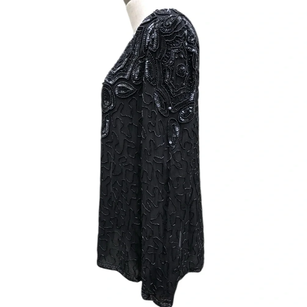 🎉HP! ❤️ Vintage Gothic x Steampunk Adrianna Papell Black Silk Beaded Jacket - Picture 4 of 9